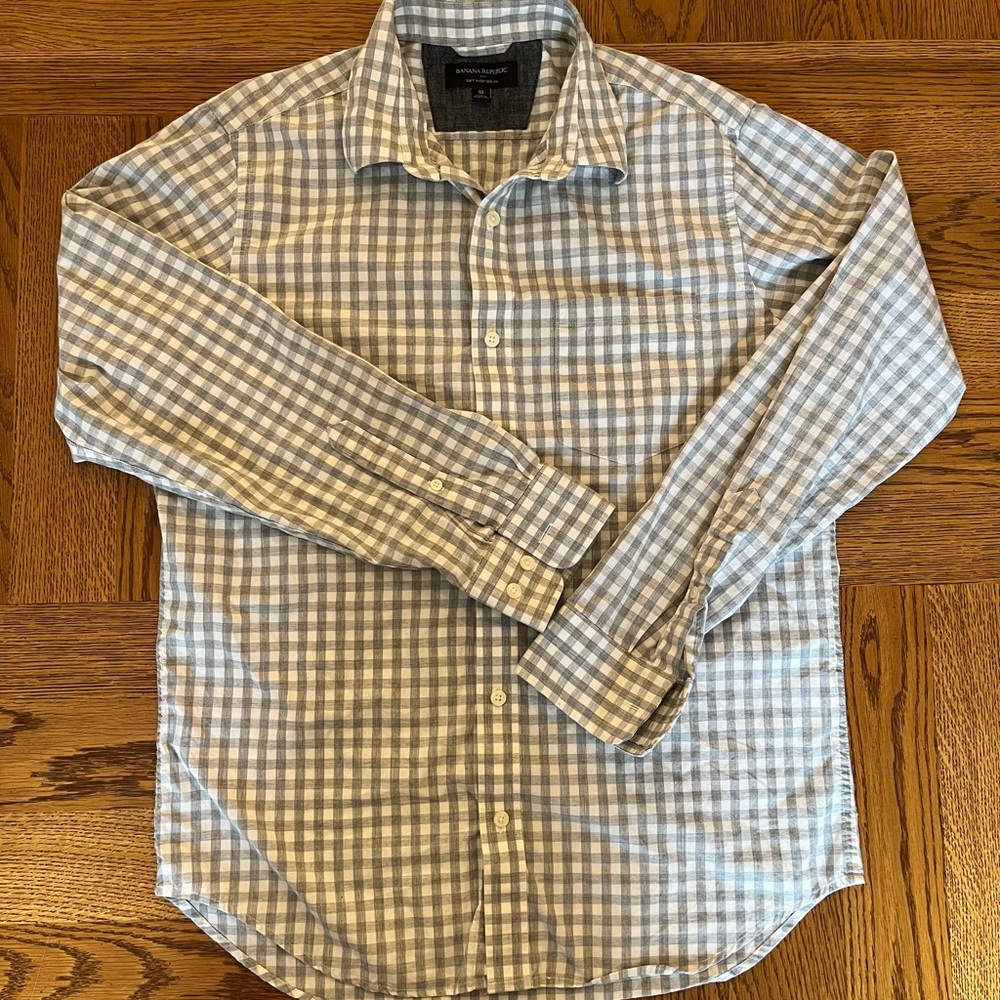 Banana Republic Mens Gray Plaid Button Down Medium Slim Fit Soft Wash Cotton